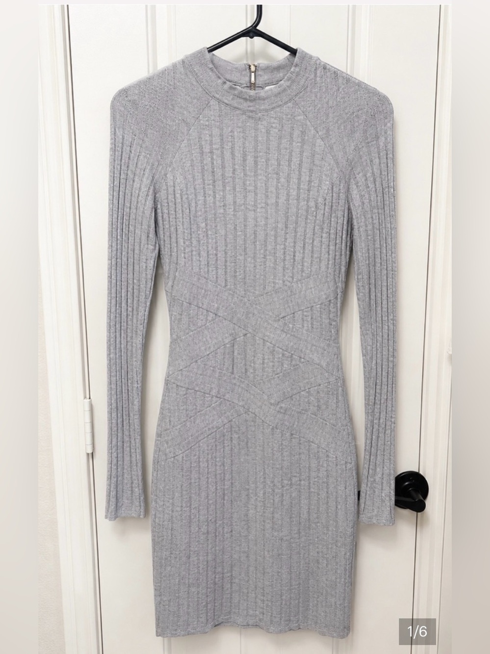bebe Gray Ribbed Mock Neck Long Sleeve Sweater Dress